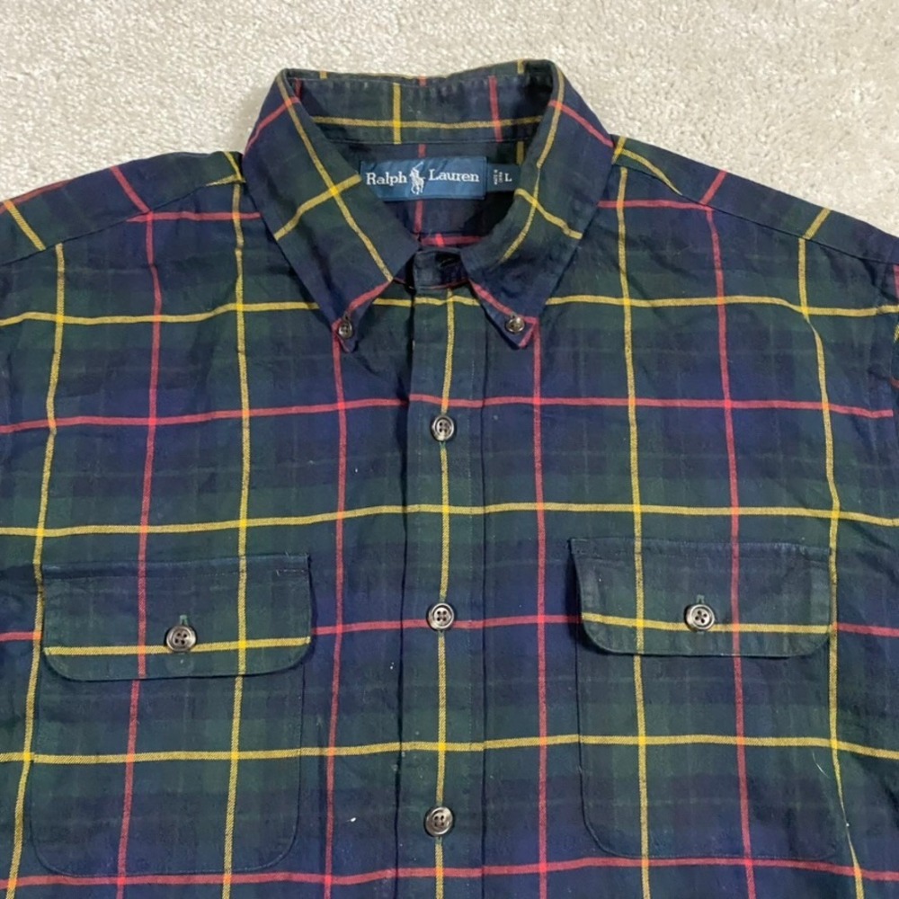 Polo Ralph Lauren Shirt Mens L Plaid Flannel Button Down Green Work Shirt Pocket